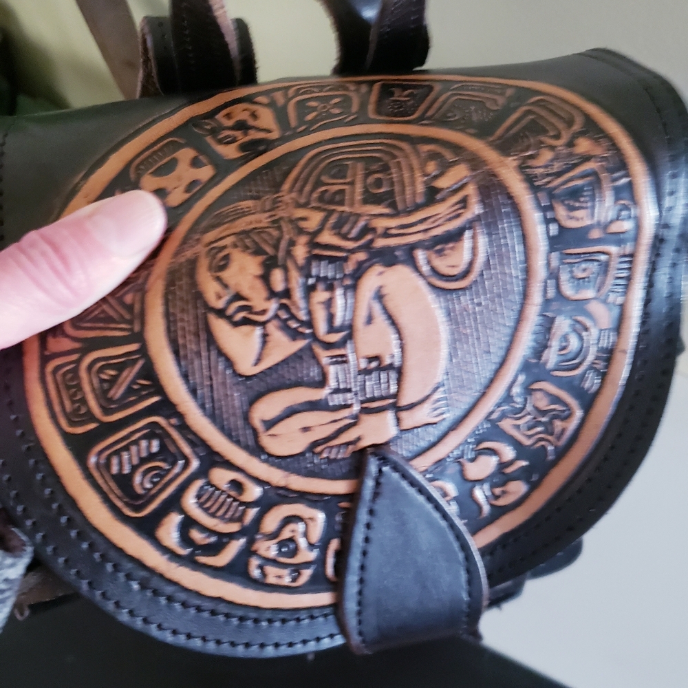 Handcrafted Tooled Leather Backpack - O/S Made In MEXICO - Picture 4 of 15